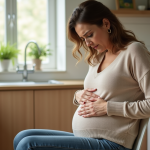 Femme en cuisine touchant son ventre avec souci