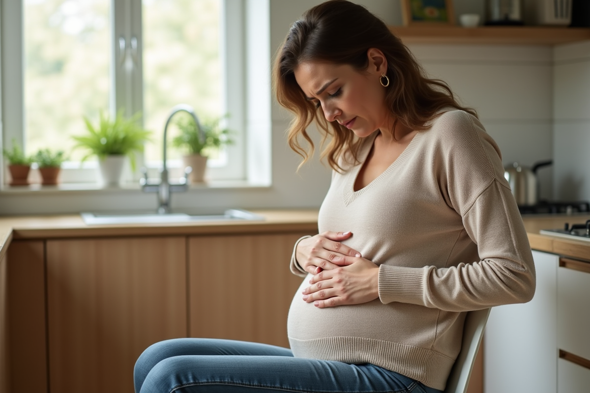Femme en cuisine touchant son ventre avec souci