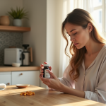 Femme préoccupée lisant une bouteille de vitamine dans la cuisine