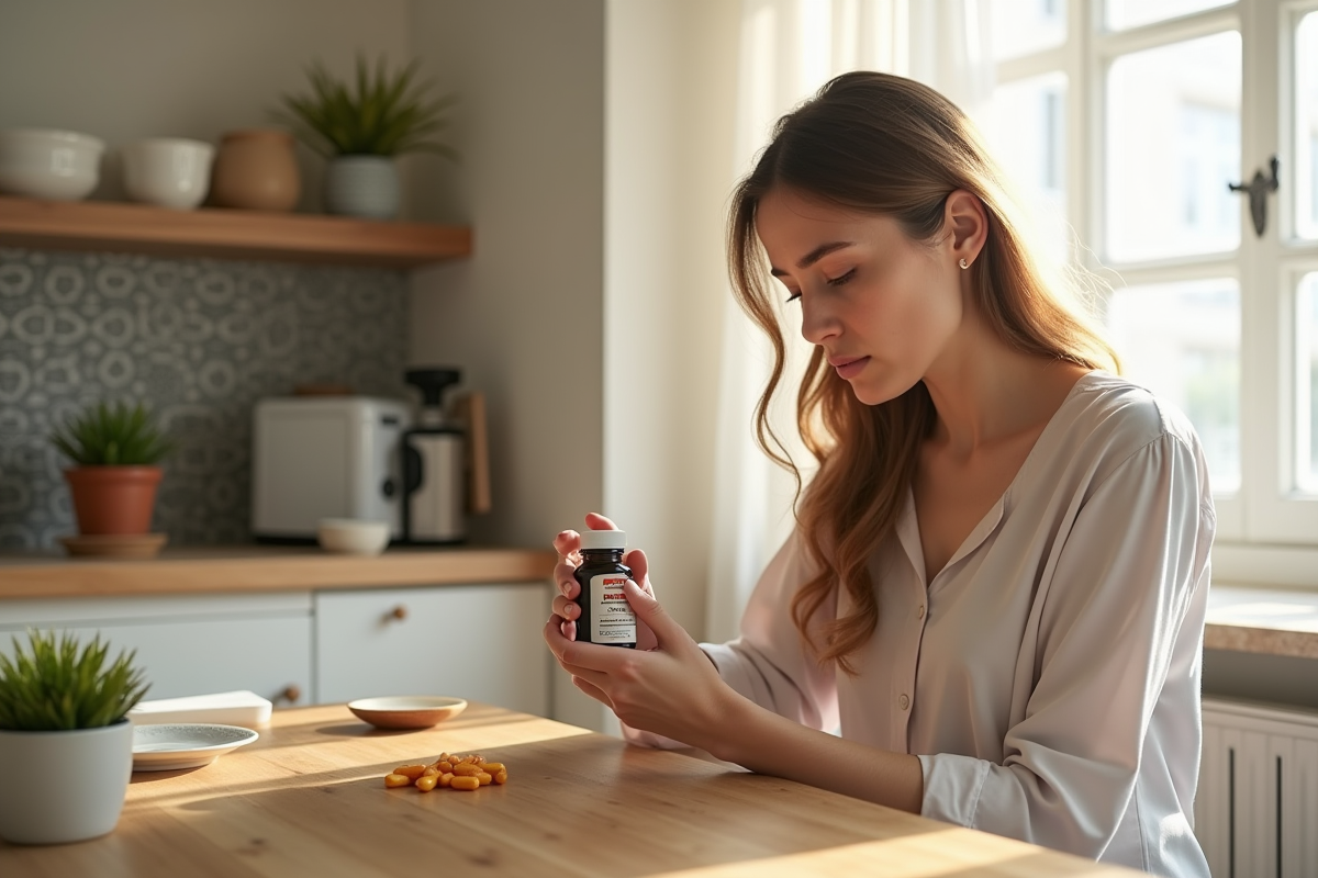 Femme préoccupée lisant une bouteille de vitamine dans la cuisine