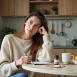 Femme en réflexion avec capsules diet dans une cuisine lumineuse