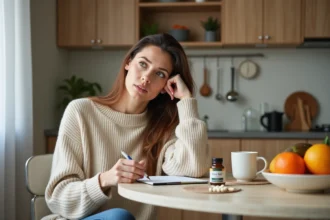 Femme en réflexion avec capsules diet dans une cuisine lumineuse