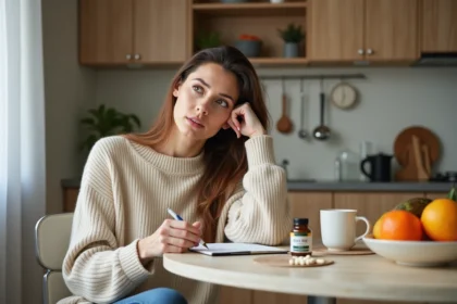 Femme en réflexion avec capsules diet dans une cuisine lumineuse