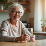 Femme senior souriante tenant une vitamine B12 et un verre d'eau