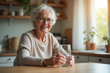 Femme senior souriante tenant une vitamine B12 et un verre d'eau