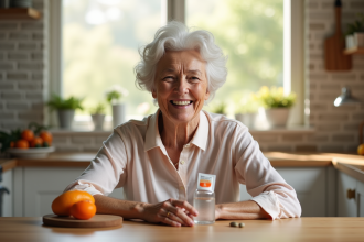 Femme senior souriante tenant une vitamine C liposomal au matin