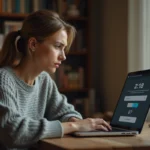 Femme contemplant un simulateur d'espérance de vie sur un ordinateur portable, ressentant de l'anxiété face aux résultats