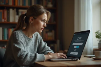 Femme contemplant un simulateur d'espérance de vie sur un ordinateur portable, ressentant de l'anxiété face aux résultats