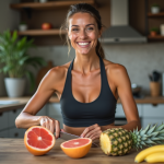 Femme souriante coupant des fruits frais dans la cuisine