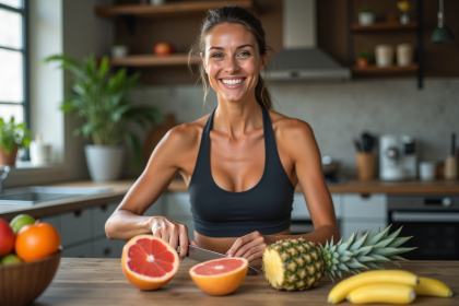 Femme souriante coupant des fruits frais dans la cuisine