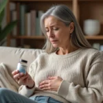 Femme préoccupée lisant une étiquette de supplément