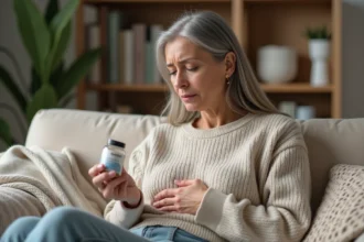 Femme préoccupée lisant une étiquette de supplément