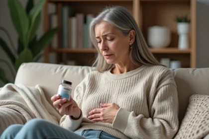 Femme préoccupée lisant une étiquette de supplément