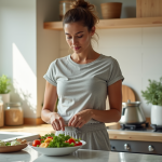 Femme en tenue de sport préparant une salade saine dans une cuisine lumineuse