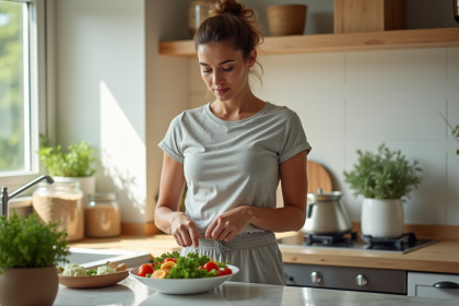 Femme en tenue de sport préparant une salade saine dans une cuisine lumineuse