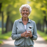 Femme souriante en parc avec montre et bouteille d'eau