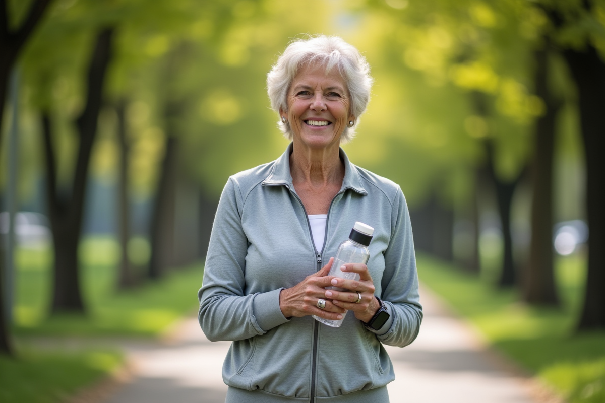 Femme souriante en parc avec montre et bouteille d'eau