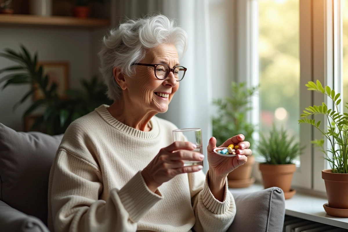 Femme âgée souriante tenant capsules de suppléments naturels