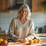 Femme en pull tranchant un kaki dans la cuisine lumineuse