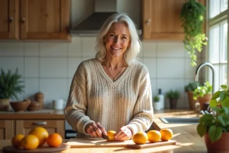 Femme en pull tranchant un kaki dans la cuisine lumineuse