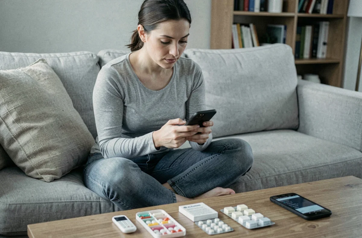 Femme consultant son téléphone avec deux plaquettes de pilules contraceptives posées sur une table basse