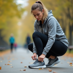 Femme en leggings et hoodie dans un parc urbain automnal