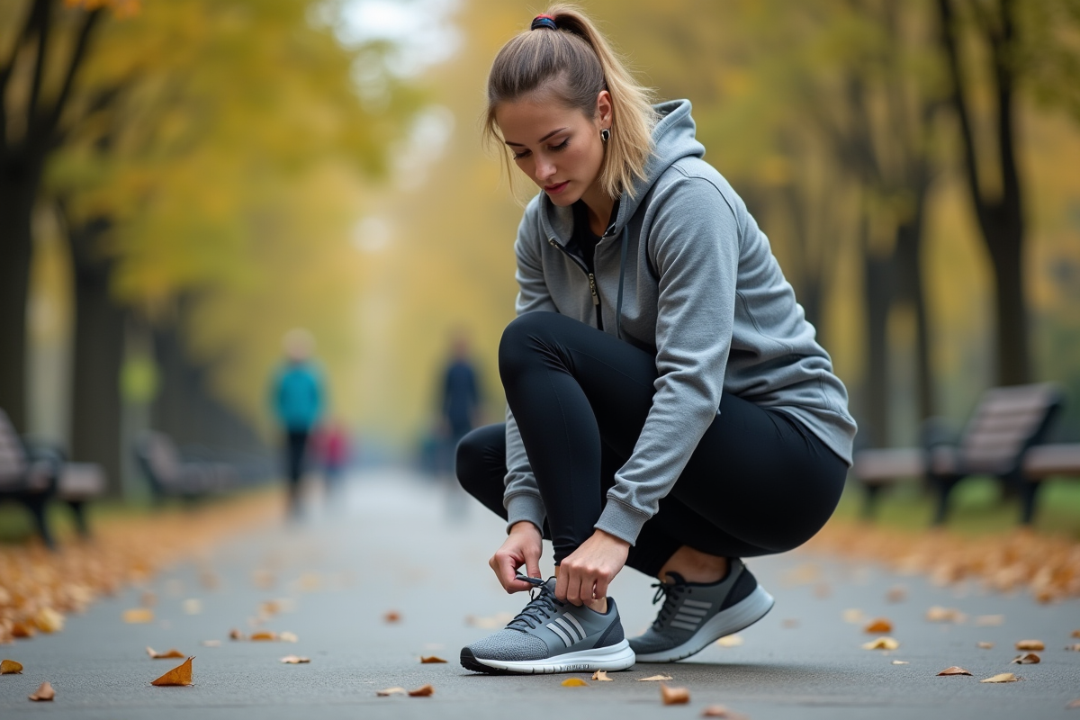 Femme en leggings et hoodie dans un parc urbain automnal