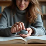 Femme tenant une worrying stone polie entre ses doigts dans un bureau à domicile, objet apaisant pour réduire le stress