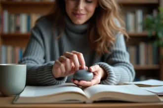 Femme tenant une worrying stone polie entre ses doigts dans un bureau à domicile, objet apaisant pour réduire le stress