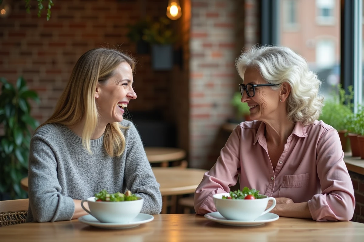 Deux femmes de 40 ans partageant un repas sain dans un café cosy, évoquant le soutien communautaire autour d'un programme minceur