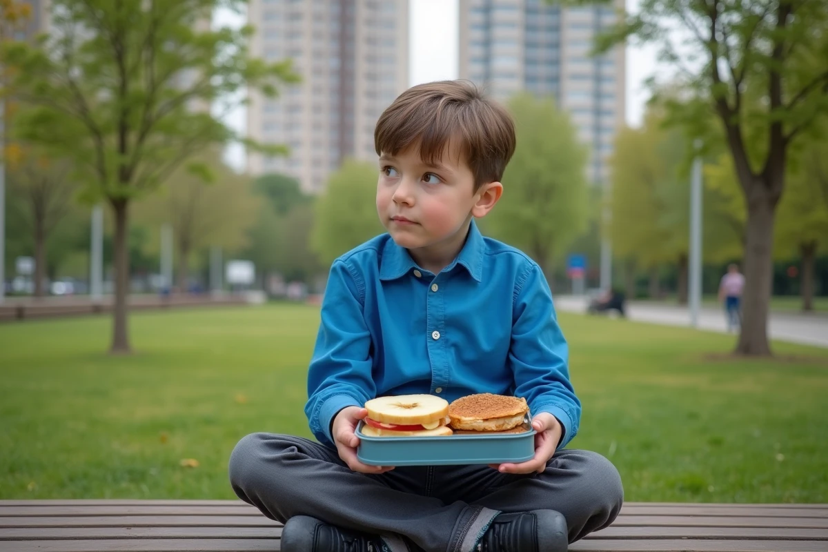Garçon curieux de 8 ans regardant son sandwich au parc