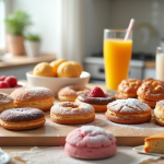 Gâteaux sucrés et boissons dans une cuisine avec symbole d'alerte