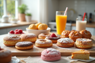 Gâteaux sucrés et boissons dans une cuisine avec symbole d'alerte