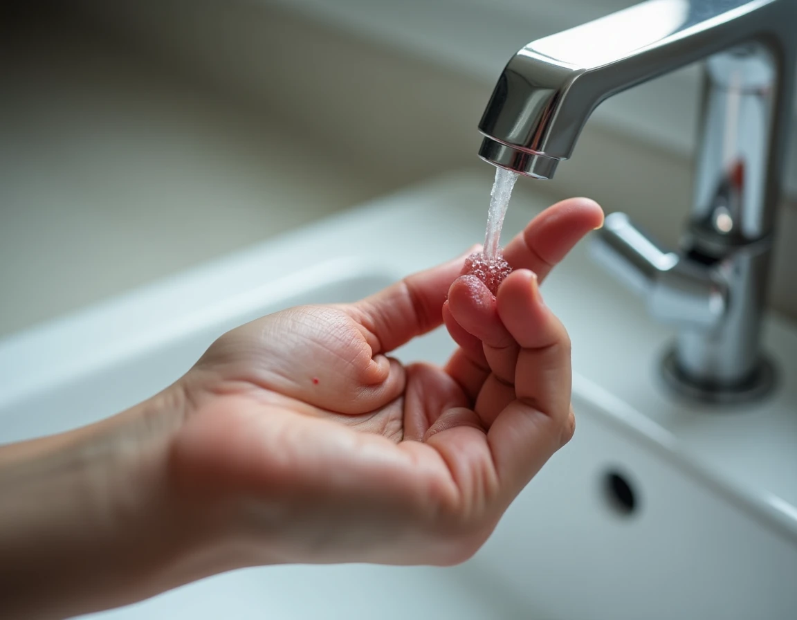 Gros plan d'un doigt brûlé et rougi sous un filet d'eau froide au robinet