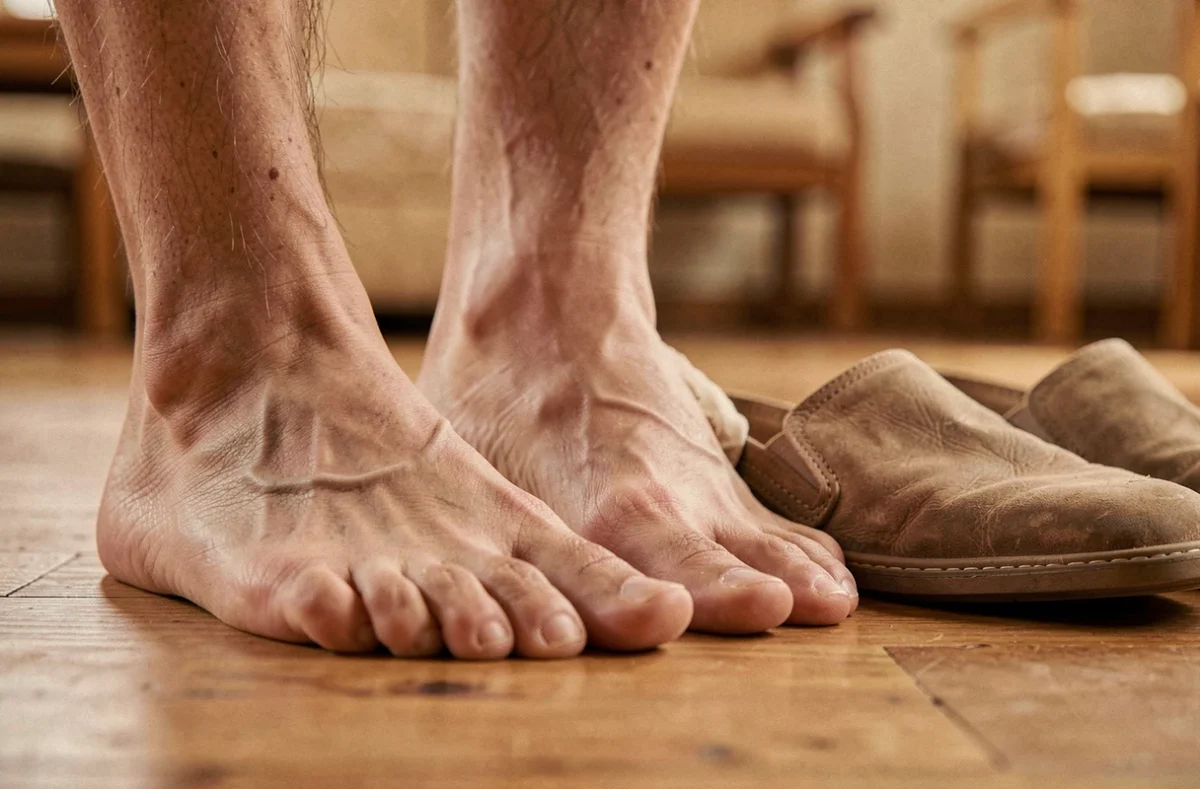 Gros plan sur des pieds nus posés sur un parquet en bois, orteils légèrement crispés, illustrant la douleur et les fourmillements aux pieds