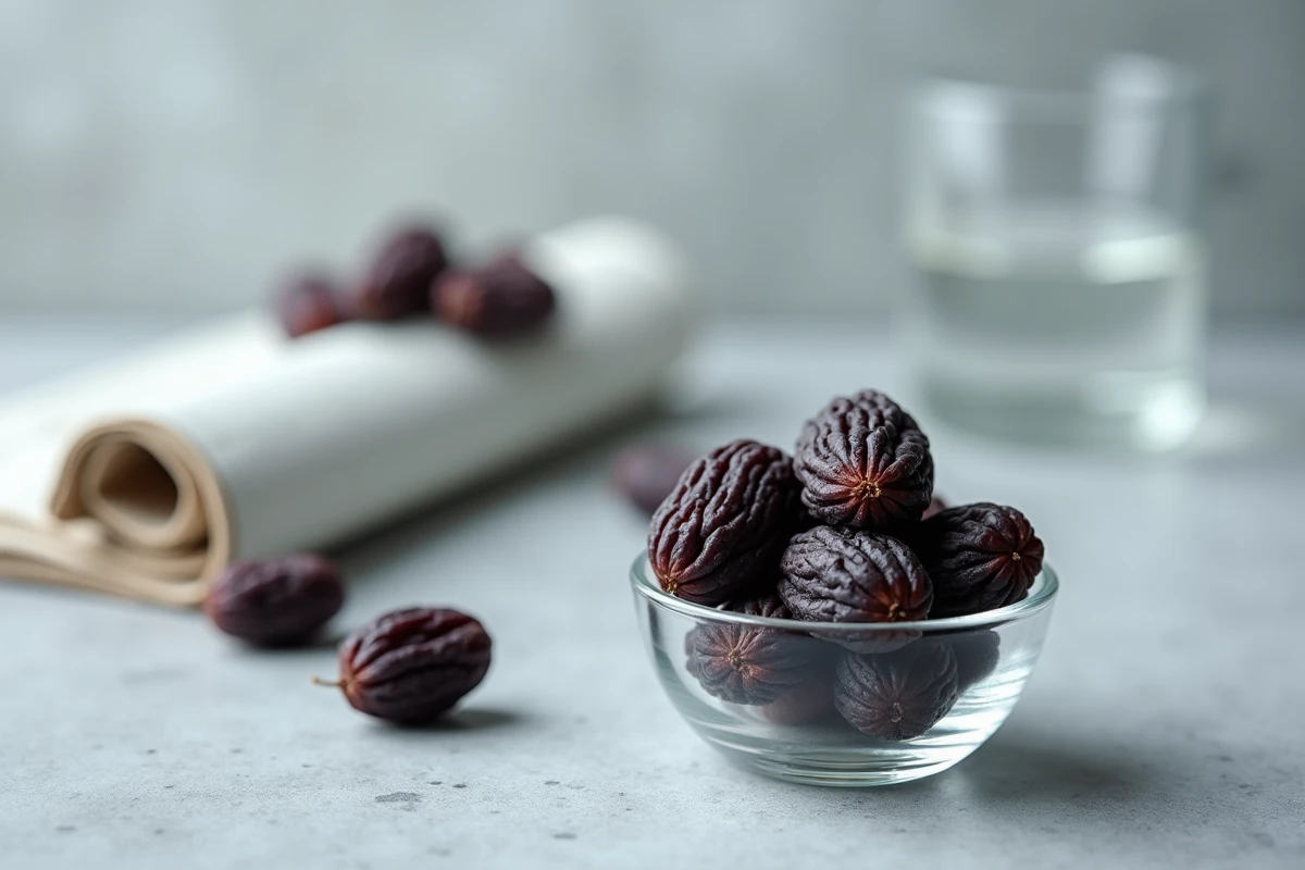 Gros plan sur un bol de pruneaux séchés sur un comptoir en pierre, évoquant les effets digestifs des pruneaux