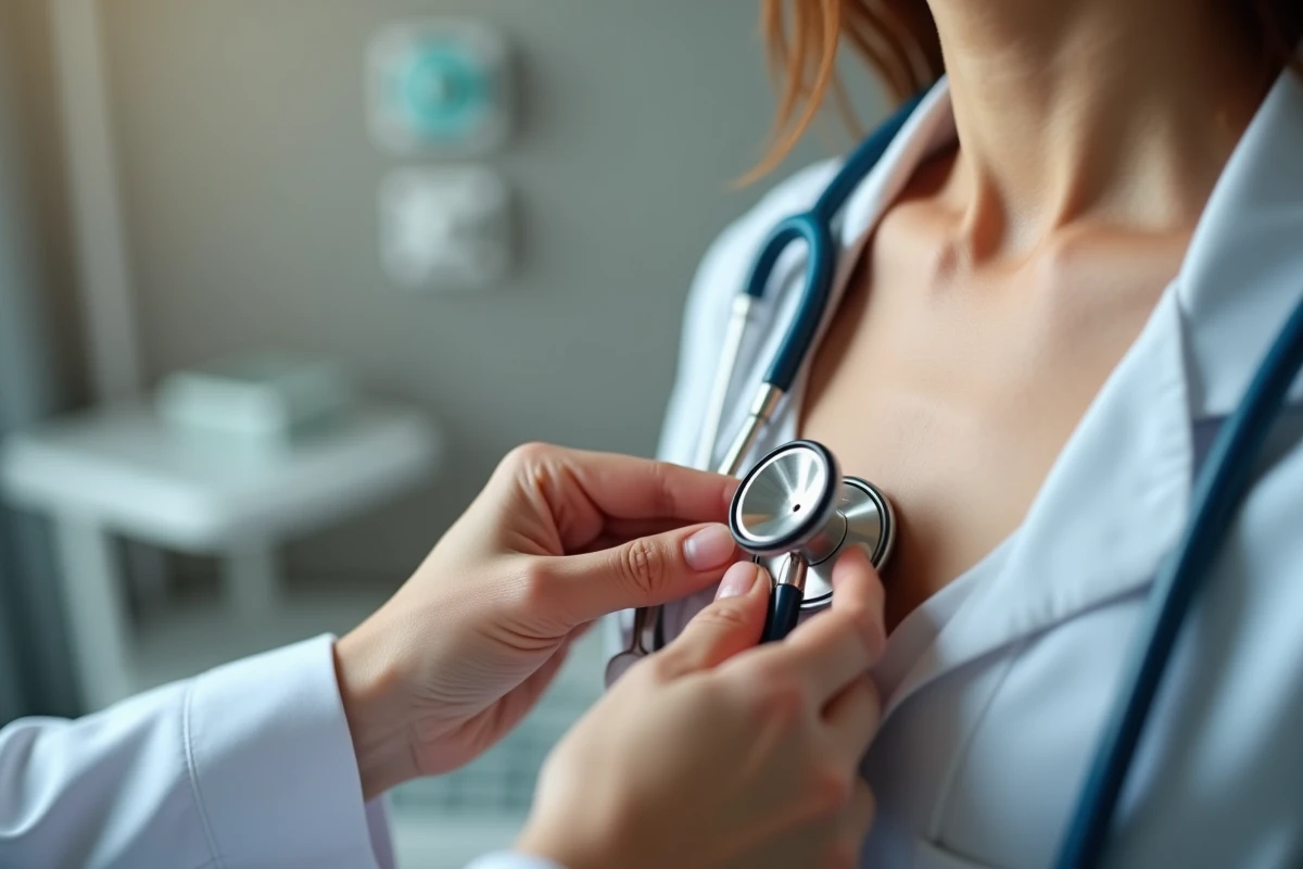 Gros plan sur un stéthoscope positionné au foyer mitral pour l'auscultation cardiaque d'un patient