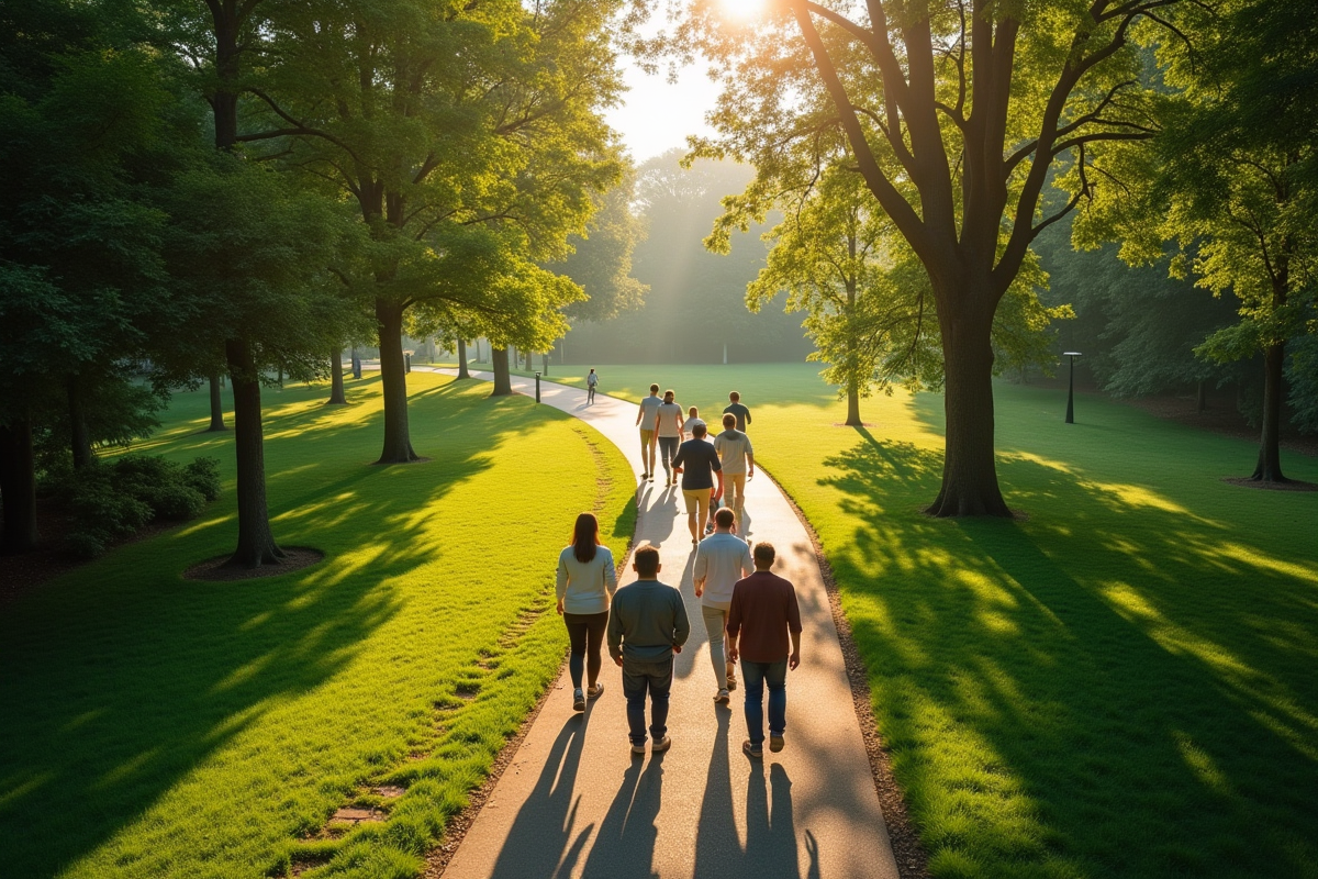 Groupe de personnes marchant dans un parc verdoyant au matin