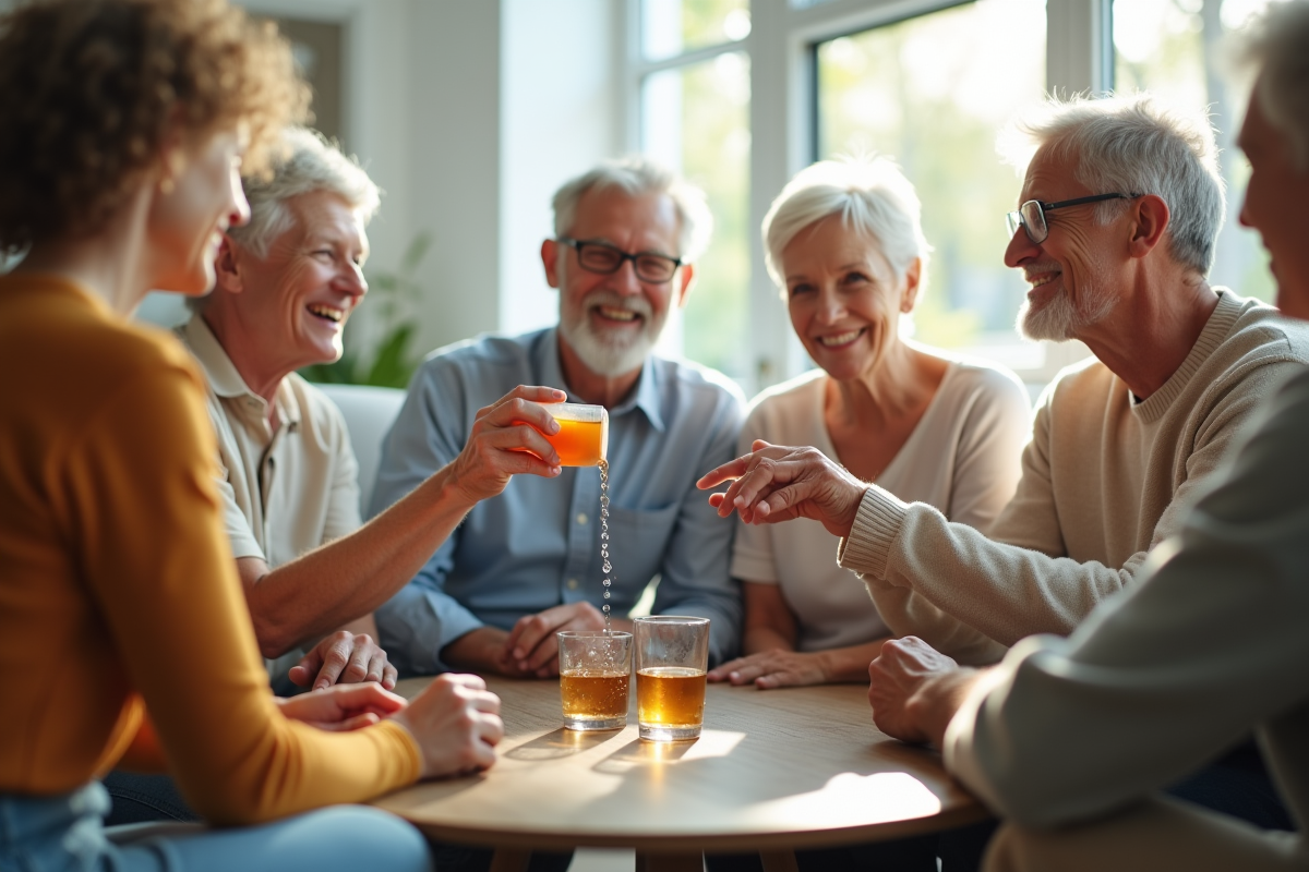 Groupe de seniors discutant en montrant une vitamine liposomal
