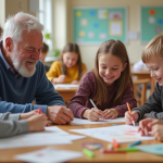 Groupe de seniors et enfants créant une activité artistique