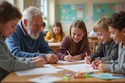 Groupe de seniors et enfants créant une activité artistique