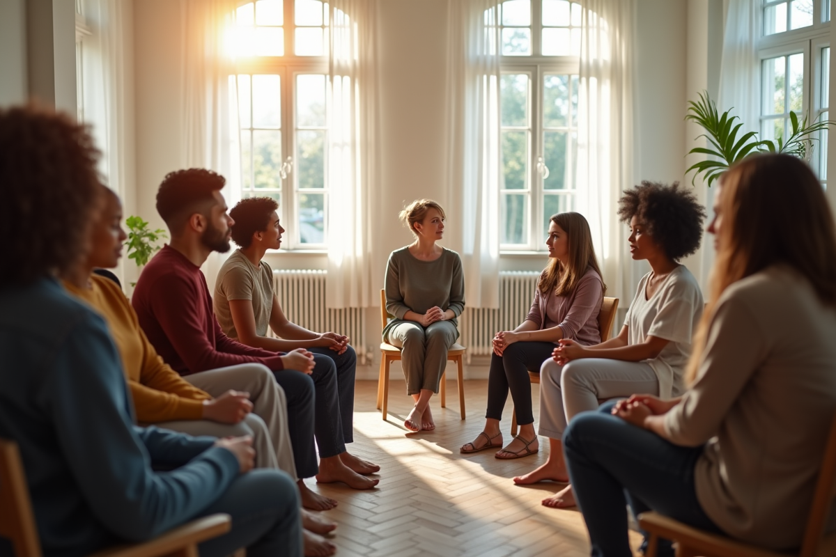 Groupe en thérapie dans une salle lumineuse et chaleureuse