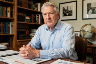 Portrait d'un homme âgé et déterminé assis à son bureau, symbolisant le courage face à la maladie et l'engagement humanitaire