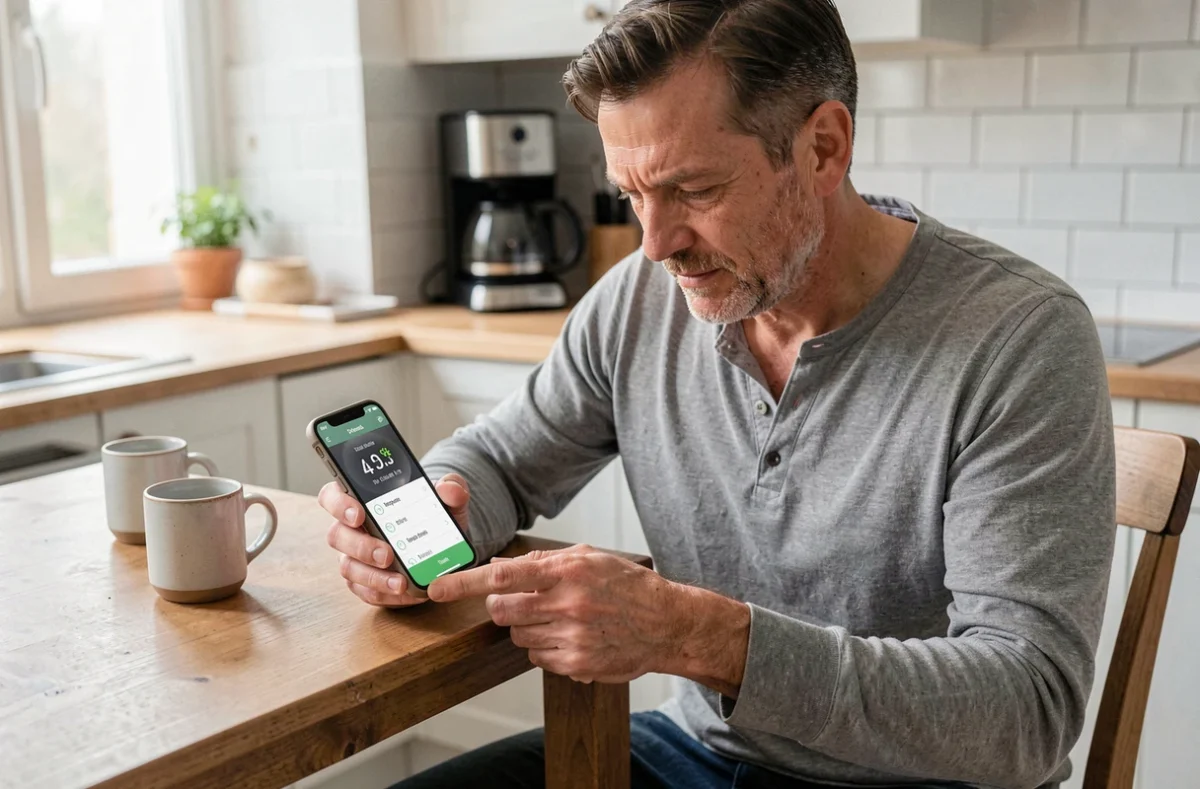 Homme consultant une application podomètre avec convertisseur de pas en kilomètres sur smartphone à la maison