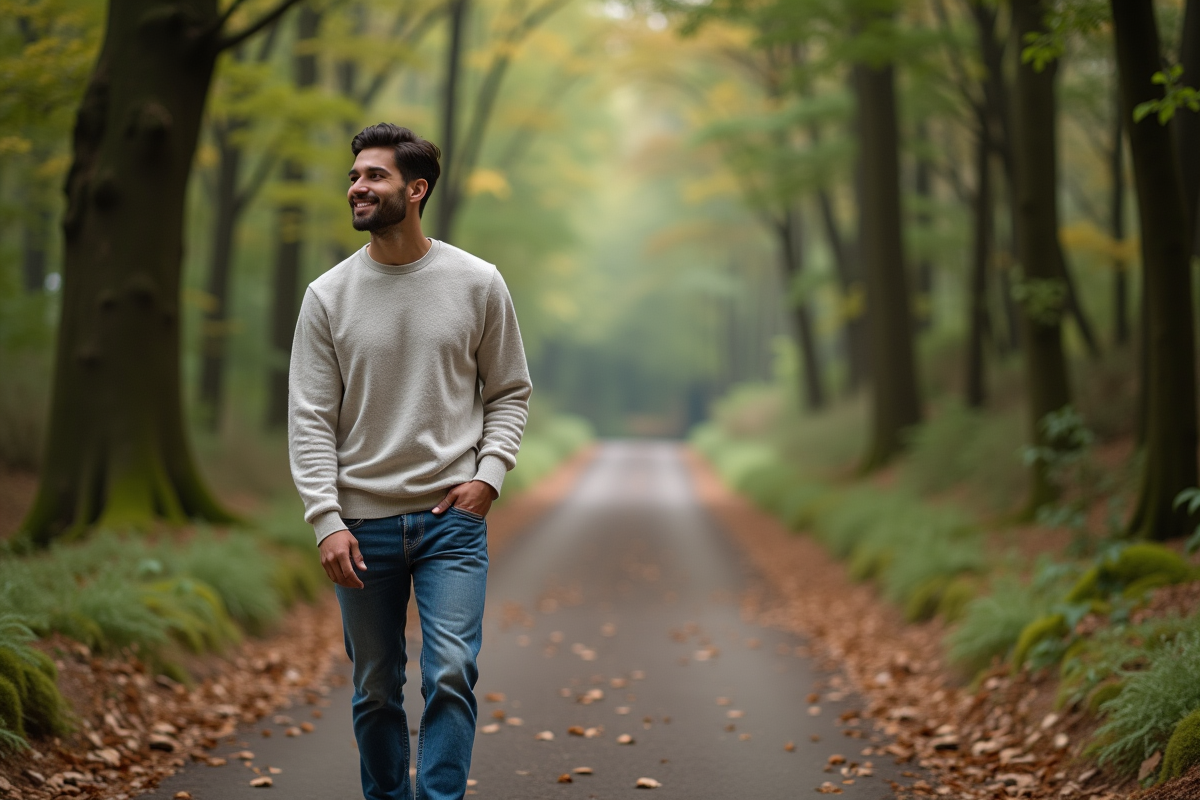 Jeune homme marchant en pleine nature en forêt