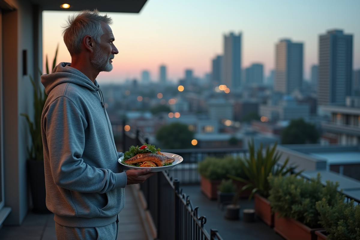 Homme pensif avec salade et poisson sur un balcon urbain au crépuscule