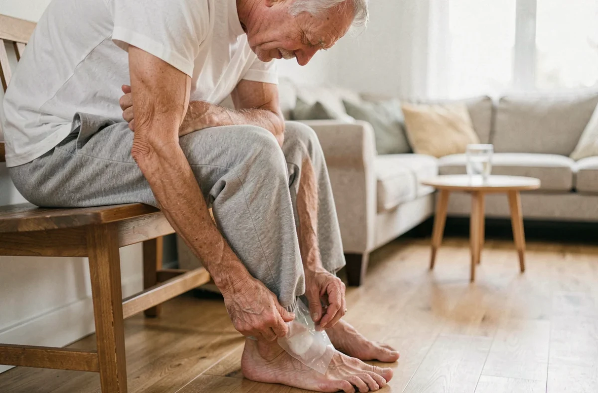 Homme âgé appliquant une compresse froide sur son pied pour soulager une bursite de l'orteil à la maison