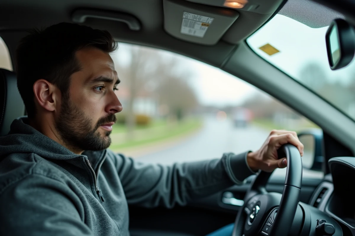 Homme au volant de sa voiture avec une expression prudente illustrant les effets du Brintellix sur la conduite