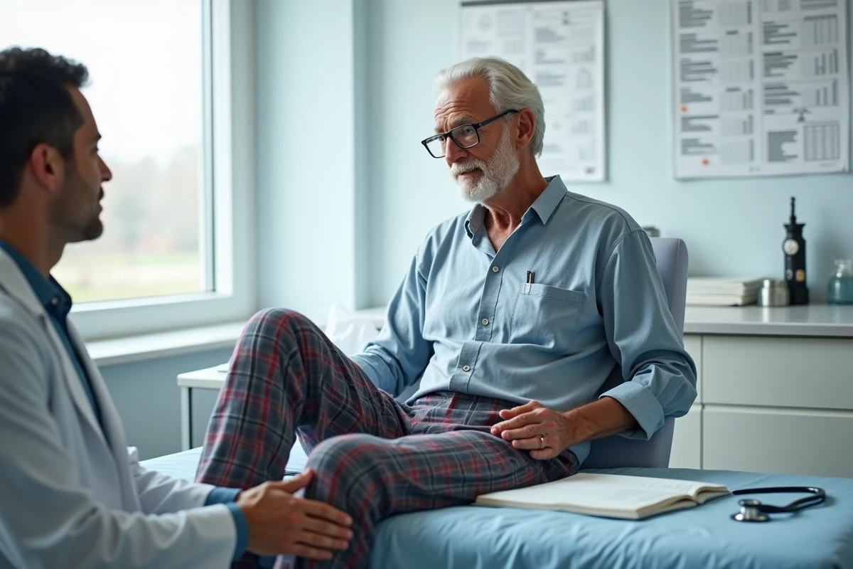 Homme âgé en pyjama discutant avec un médecin