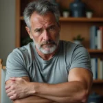 Homme d'âge mûr regardant son avant-bras avec inquiétude, assis dans un salon, illustrant les contractions musculaires involontaires
